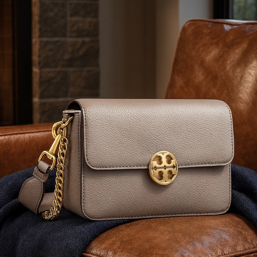 Tory Burch Chelsea Gray Heron Leather Convertible Shoulder Bag/Crossbody Bag